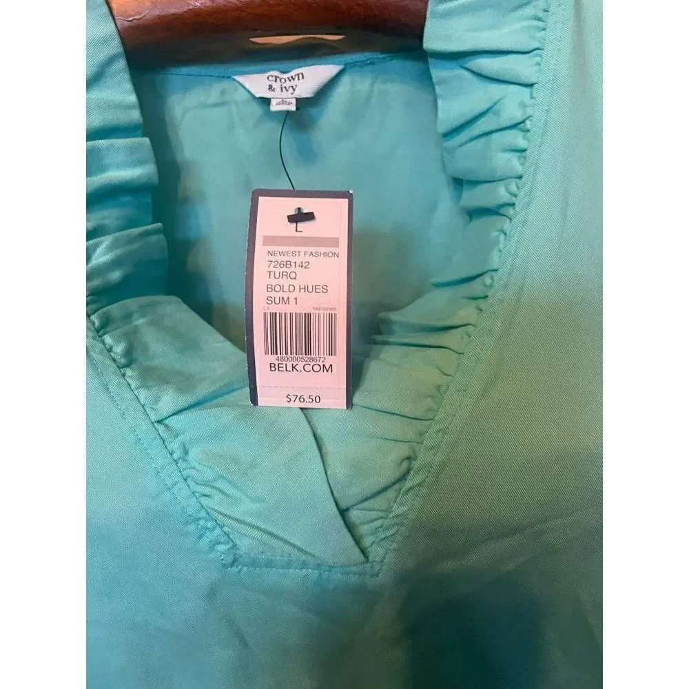 Crown & Ivy Turo Bold Hues Teal Green Tunic Blouse Size L NWT